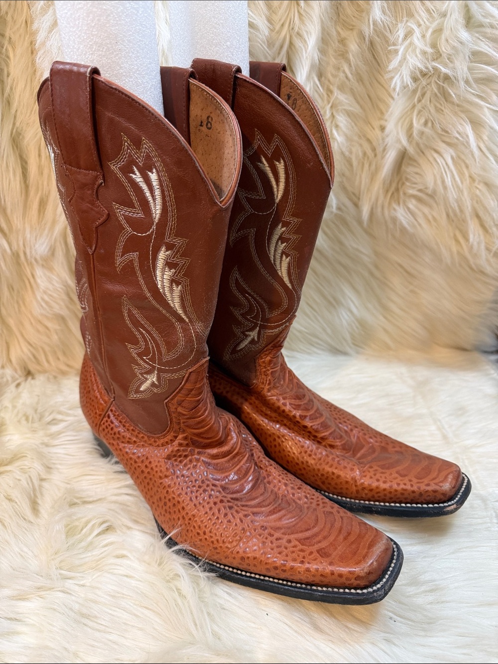 Men's Rustic Tan Ostrich Western Cowboy Boots with Embroidered Shaft -Size 12.5